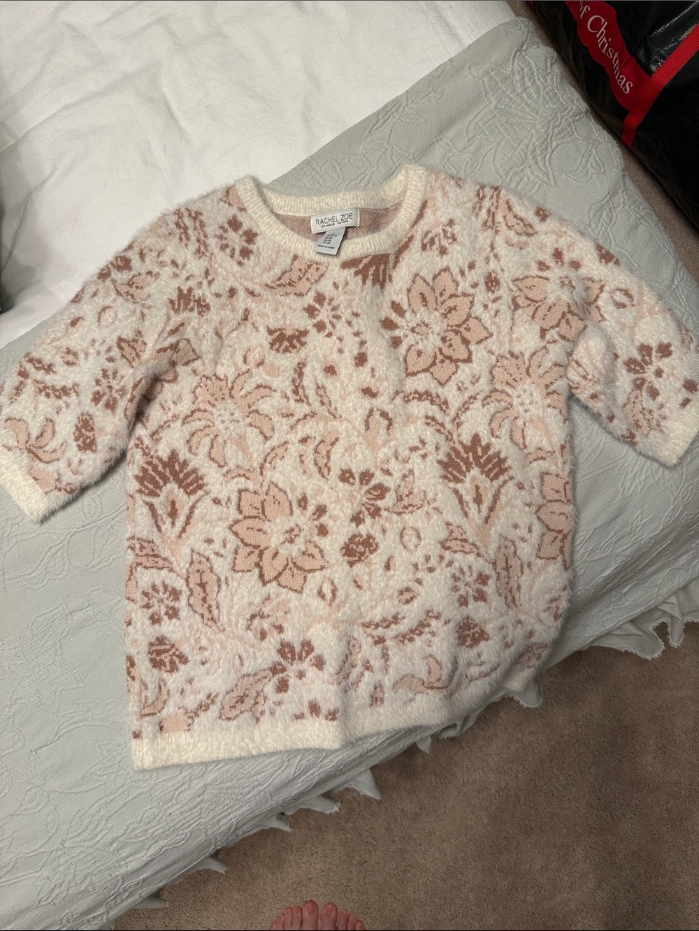 Rachel Zoe Cream Sweater with Blush Floral Jacquard